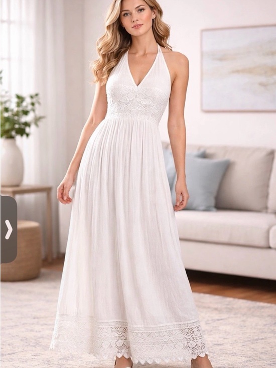 Dresses & Skirts - Womens M White Maxi Dress Halter Lace Boho Cottagecore Coastal Bridal Resort